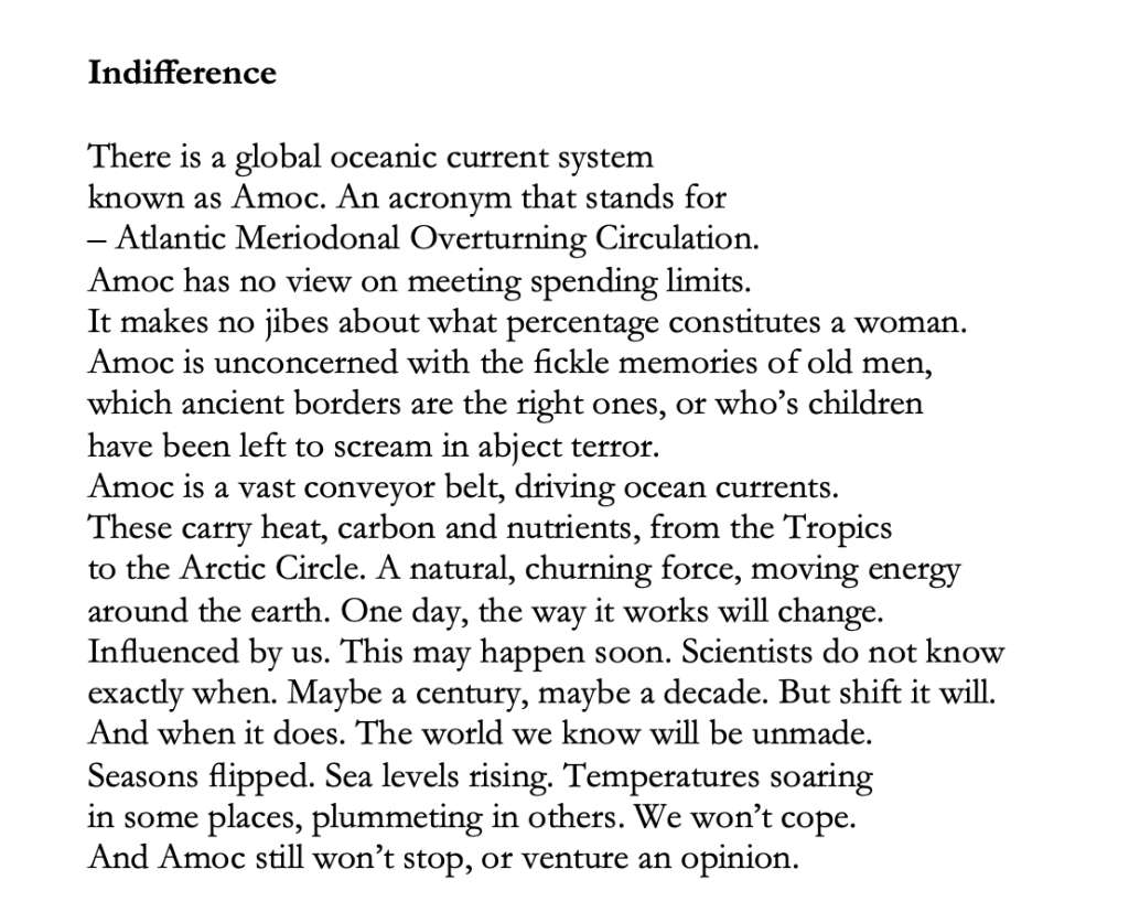 A poem or CNF called Indifference. About an ocean system called Amoc.